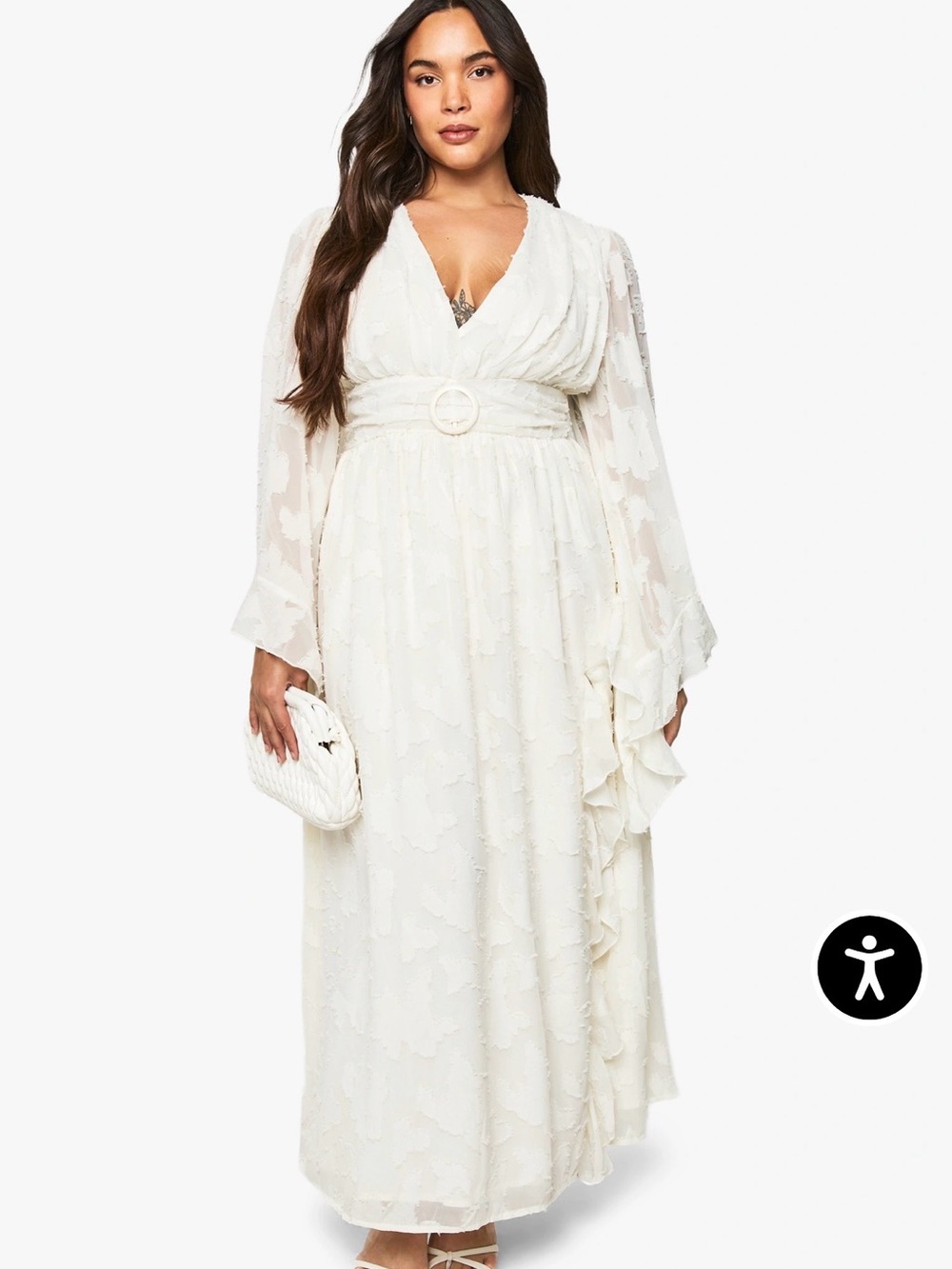 NWT Boohoo Ivory Flare Sleeve Belted Maxi Dress
